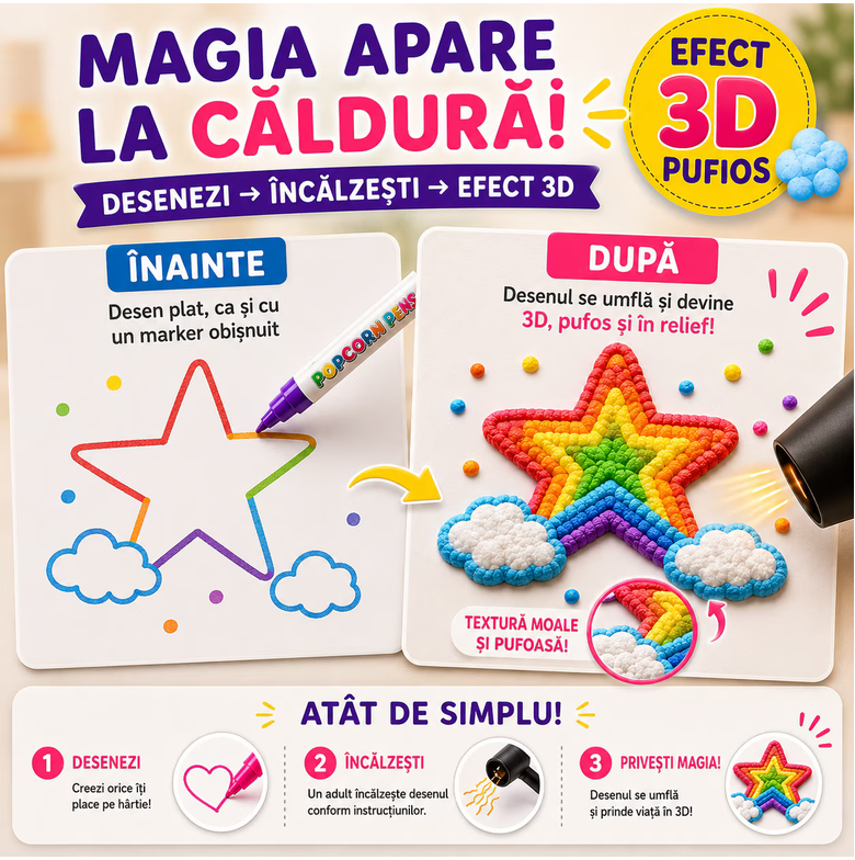 Set 6 Carioci Solvero 3D Magice Pufoase – Pixuri Desen cu Bule Popcorn DIY, Non-Toxic, Multicolor
