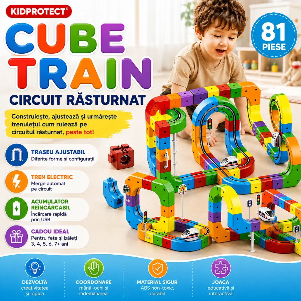 Cube Train Circuit Răsturnat 81 piese KidProtect – circuit tren electric pentru copii
