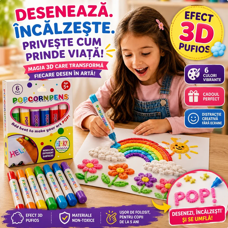 PopcornPens set 6 markere 3D magice pentru copii
