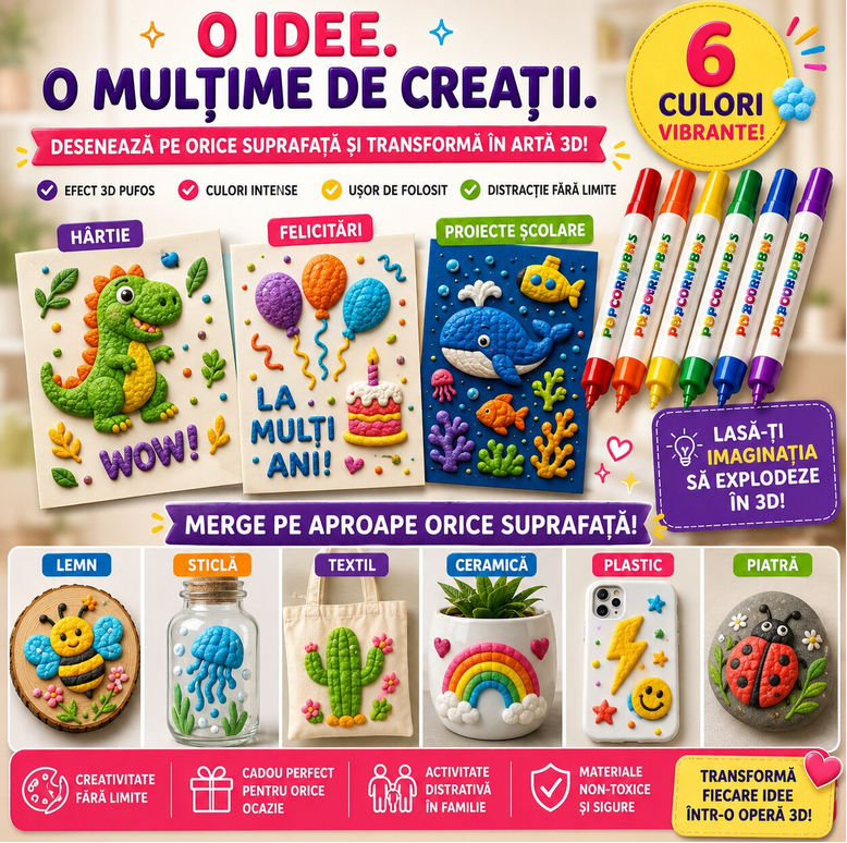 Set 6 Carioci Solvero 3D Magice Pufoase – Pixuri Desen cu Bule Popcorn DIY, Non-Toxic, Multicolor