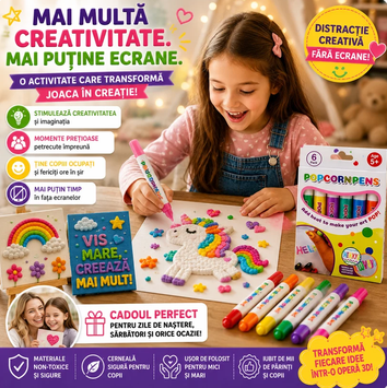 PopcornPens – Set 6 Markere 3D Magice pentru Copii