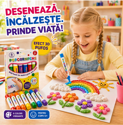 Set 6 Carioci Solvero 3D Magice Pufoase – Pixuri Desen cu Bule Popcorn DIY, Non-Toxic, Multicolor