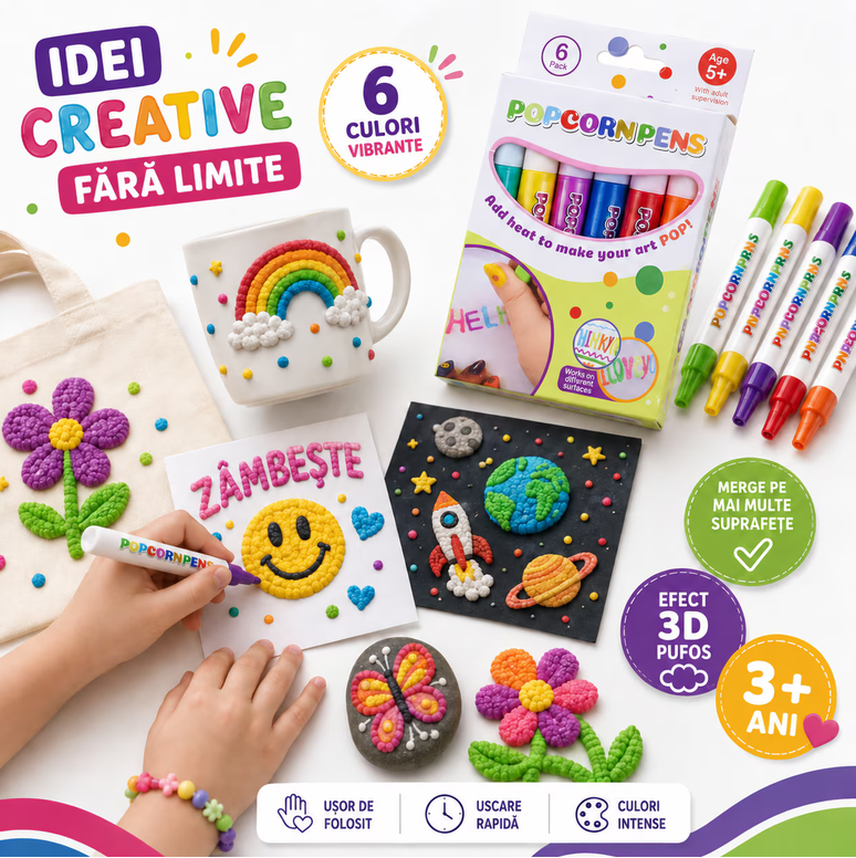 Set 6 Carioci Solvero 3D Magice Pufoase – Pixuri Desen cu Bule Popcorn DIY, Non-Toxic, Multicolor