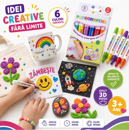 Set 6 Carioci Solvero 3D Magice Pufoase – Pixuri Desen cu Bule Popcorn DIY, Non-Toxic, Multicolor