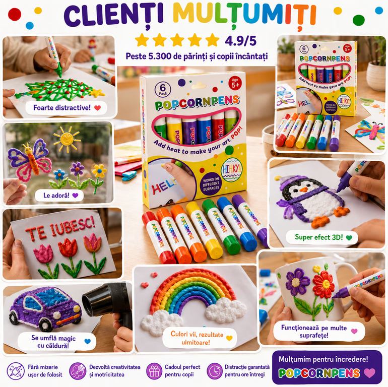 Set 6 Carioci Solvero 3D Magice Pufoase – Pixuri Desen cu Bule Popcorn DIY, Non-Toxic, Multicolor