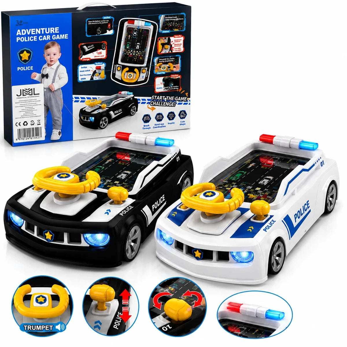 Simulator Auto Interactiv 39.3x24x13.9cm, Masina Interactiva de Politie cu Volan, Lumini si Sunete